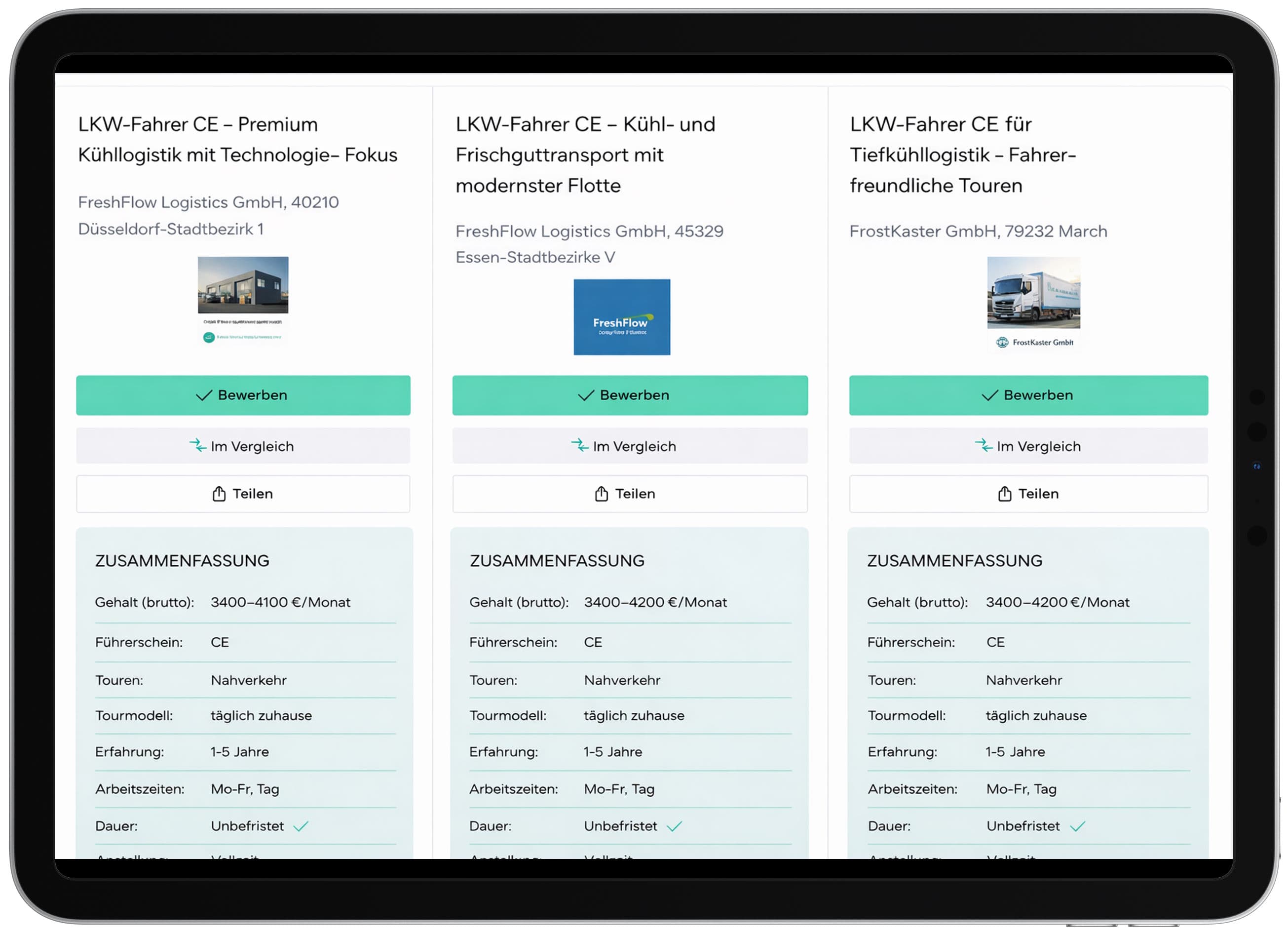 Wähle mehrere Jobs aus und vergleiche Gehalt, Arbeitszeit, Route und Benefits auf einen Blick